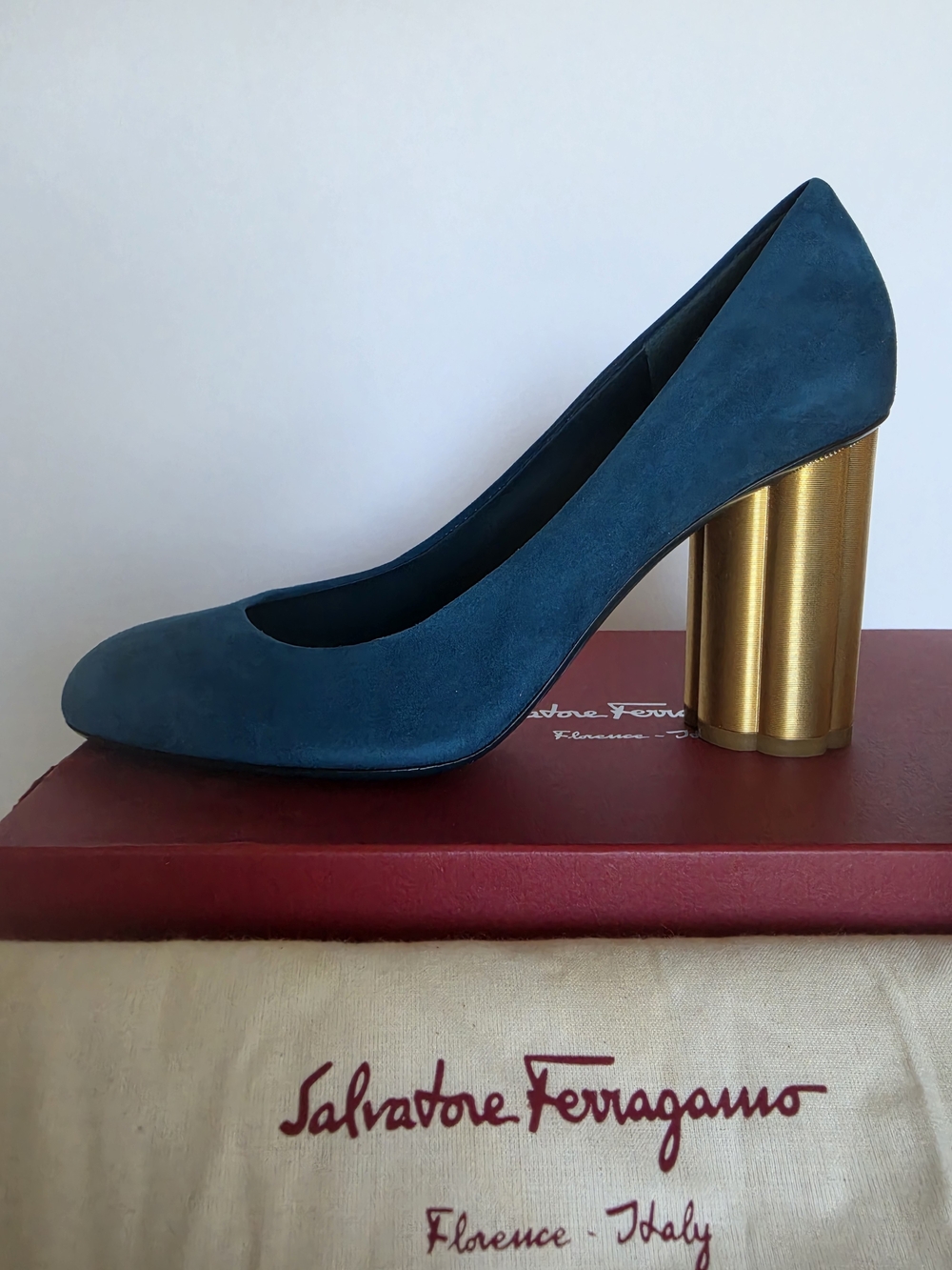 Salvatore Ferragamo Teal Suede Lucca Block Heel Pump